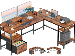 Table d'ordinateur pliable en forme de L avec support d'écran, étagère, cadre en bois, gain de place, tiroir à dossiers, montage facile, rangement pour salon - Product Image 1