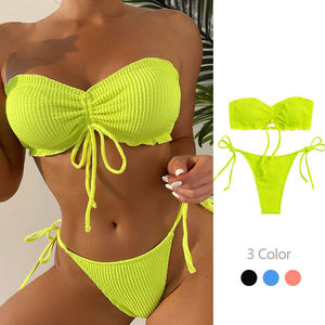 Ensemble bikini bandeau côtelé vert néon pour femme, maillot de bain deux pièces en maille extensible de couleur unie avec liens latéraux, tenue de plage - Product Image 3