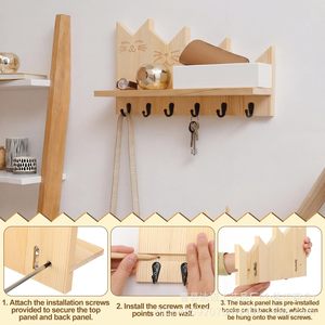 Wooden Cat Wall Shelf With Hooks Storage Rack For Keys Coats Towels Living Room Entrance <b>Door</b> Mount - Product Image 3