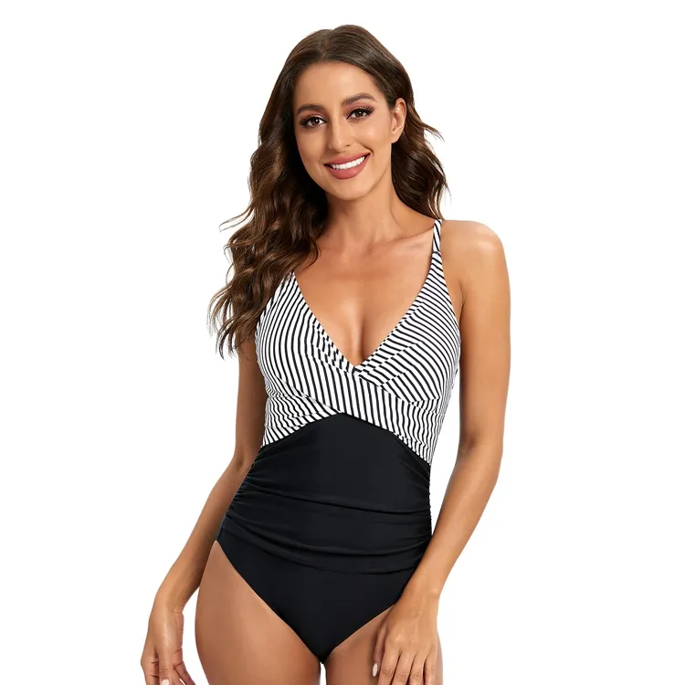 S-2XL NOUS Plus La Taille Couleur Contraste Imprimé One Piece Maillots De Bain En Gros Croix À Lacets Retour Femmes Grand Du Sein Bikinis