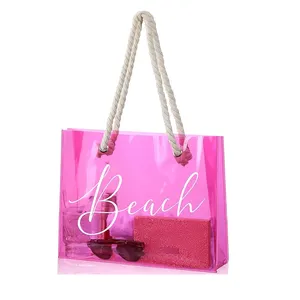 Fashion Shopping Beach Stadium Women's Waterproof Pvc With Rope Handle Rose Red Transparent Clear Hand Bags