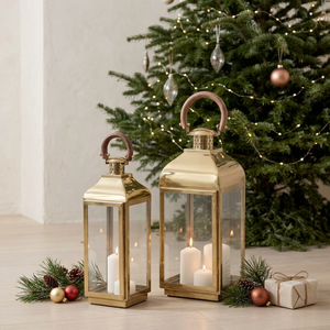 Lanternes à bougies en métal doré avec poignée en bois pour décorations de Noël en gros - Product Image 1