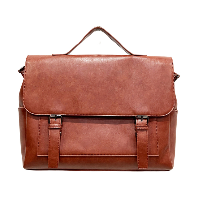 PU Leather Briefcase for Men Brown Laptop Messenger Bag Flap Closure Cross Body 14" Laptop Factory Wholesale Customization