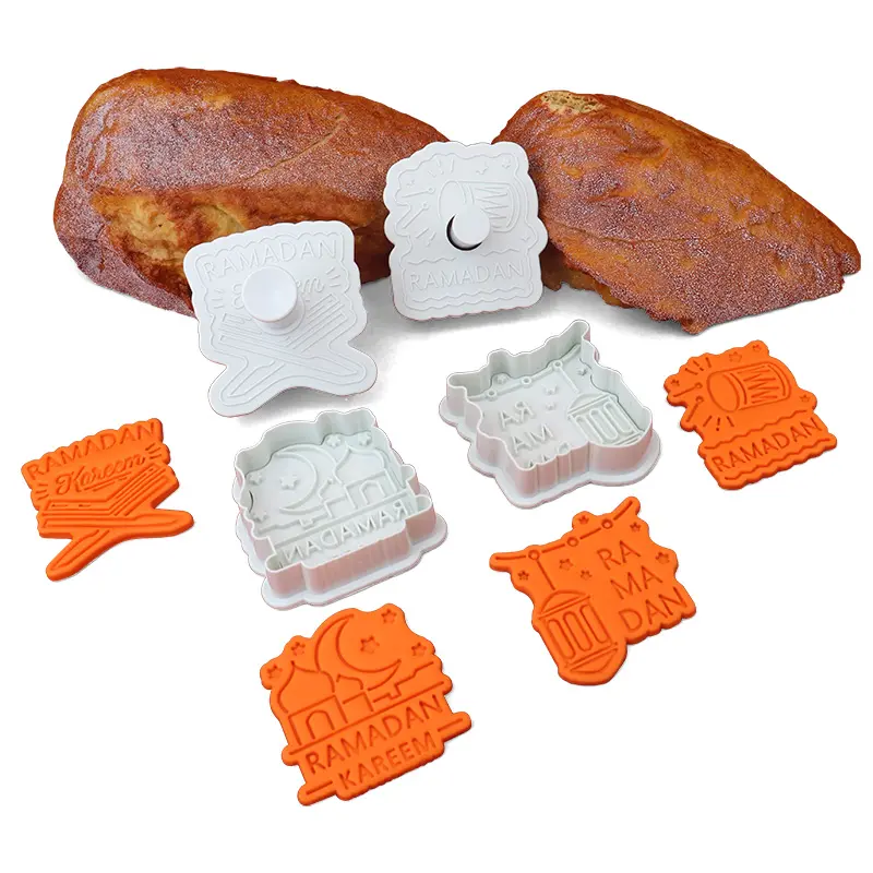 4 buah pemotong kue Lebaran 3D, cetakan timbul pemotong biskuit Muslim Islami Ramadan