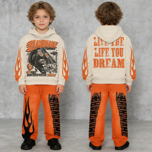 סט טרנינג לילדים עם קפוצ'ון כפול בסגנון וינטג' ומכנסי טרנינג מתרחבים, בגדי רחוב בהתאמה אישית של היצרן, שטיפה בגוון חומצי - Product Image 1