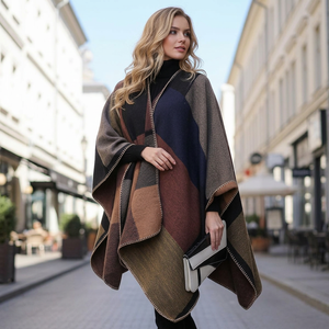 Women's Oversized Color Block <b>Poncho</b> Shawl <b>Wrap</b> Cape with Open Front Drape for Autumn Winter Casual Wear - Product Image 5