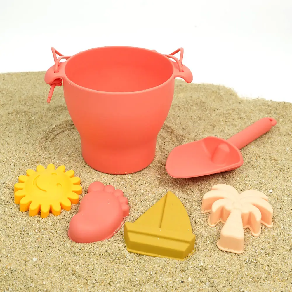 Pail de brinquedo para praia portátil bpa, brinquedos personalizados para praia, conjunto de brinquedos de silicone para crianças