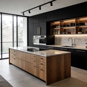 Mueble <span class=keywords><strong>de</strong></span> Cocina Modular Negro con Puertas <span class=keywords><strong>de</strong></span> Vidrio, Unidades <span class=keywords><strong>de</strong></span> Madera Resistentes al Fuego <span class=keywords><strong>y</strong></span> Dos Años <span class=keywords><strong>de</strong></span> Garantía - Product Image 1