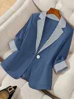 Blazer bleu poussière pour femme avec revers et poignets rayés contrastants, veste de costume à un bouton, manteau de bureau à manches longues