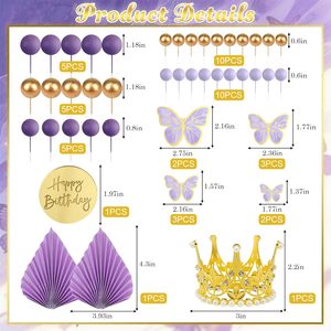 Lot de décorations de gâteau violet et or en gros : papillon lavande, palmier, éventail en papier, couronne de perles pour <span class=keywords><strong>anniversaire</strong></span> de filles et mariage (vente directe usine) - Product Image 3