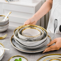 Service de vaisselle en porcelaine marbrée gris et rose avec bordure dorée 2025, ensembles de vaisselle pour le petit-déjeuner, vaisselle en céramique de luxe pour la cuisine et la maison