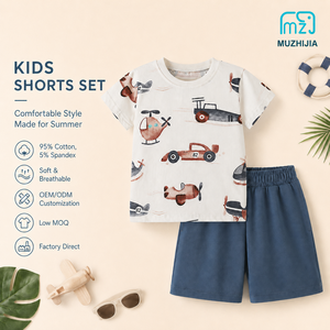 Conjunto de 2 Piezas de Camiseta y Pantalones Cortos con Estampado de Vehículos para Niños, Diseño Personalizado al por Mayor, 95% Algodón, Ropa de Verano - Product Image 1