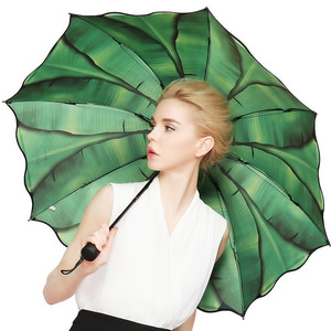 Parapluie droit semi-automatique à motifs de feuilles de palmier pour femme, design classique, manche en plastique, polyester - Product Image 3