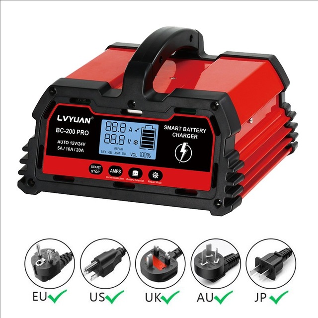 Auto DC12V 24V Battery Charger Smart LCD Display 8-stage Intelligent Charging Car Battery Charger for LiFePO4 AGM GEL Lead-Acid