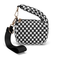 Tas Selempang Kulit PU Motif Kotak-kotak Trendy, Tas Lipstik Mini Anyaman Willow, Dompet Gantungan Kunci Portabel, Tas Clutch Retro