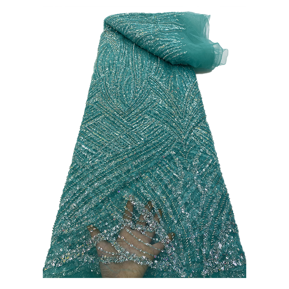 HFX Green Bead lace fabric Handmade Beaded lace fabric Luxury French Bridal lace fabric with Sequin