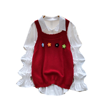 Ensemble superposé style court doux pour femme automne 2026 : Gilet en tricot à fleurs 3D et chemisier à manches bouffantes