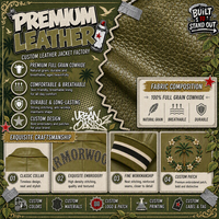 Veste universitaire sur mesure en cuir de vachette pleine fleur olive, broderie lourde, veste d'automne personnalisée pour homme avec appliques de strass