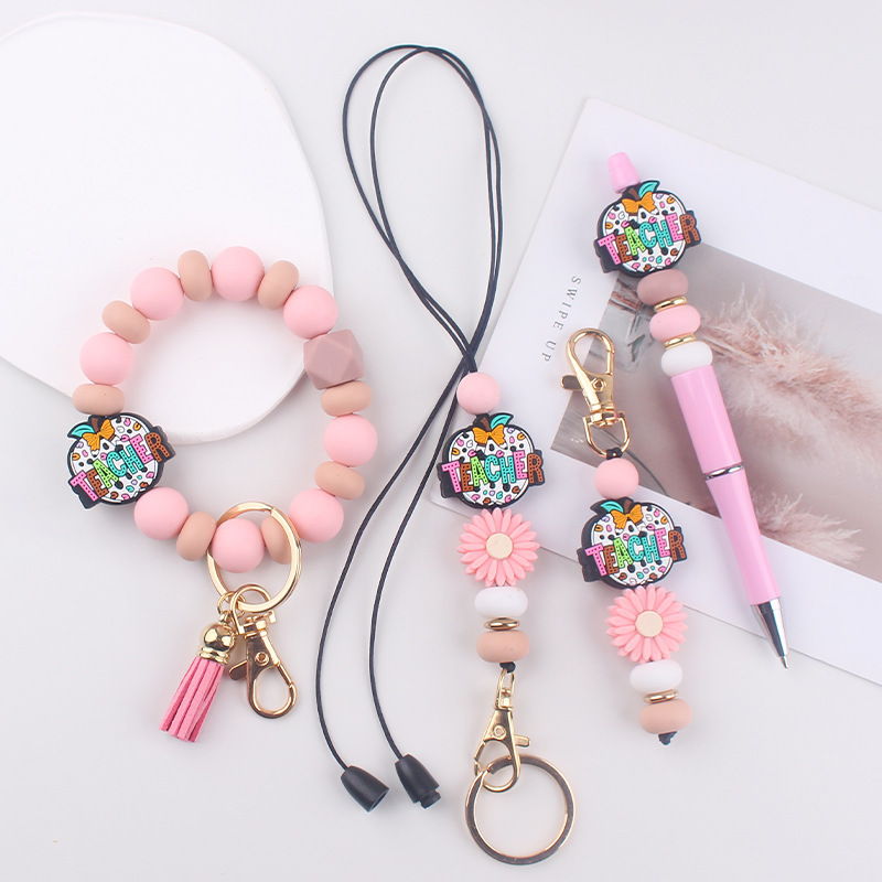 Bohemian Daisy Bead Keychain Badge Holder Cute Flower Silicone Key Ring Lanyard With Clip for Teachers Students Gift Idea Image 3
