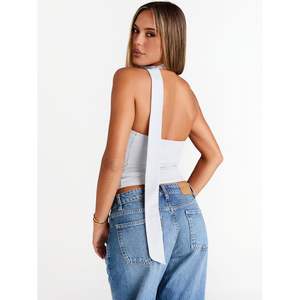 2025 à la mode femmes haut court reine taille mignon une épaule licou coupe ajustée Sexy cravate chemises pour les sorties d'été motif décoré - Product Image 1