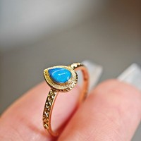 Bague Vintage en Argent 925 Plaqué Or 18K avec Turquoise Marquise et Bande Gravée en Zircon Cubique – Collection Fine