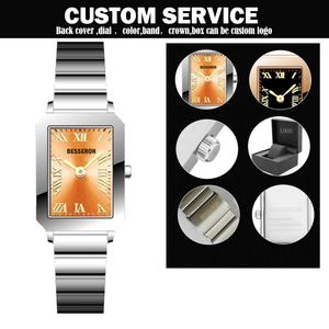 Reloj de Cuarzo Minimalista para Mujer, con Logotipo Personalizado, Caja Cuadrada Plateada, Correa de Cuero Dorado y Acero Inoxidable, Cristal Resistente al Agua - Product Image 2