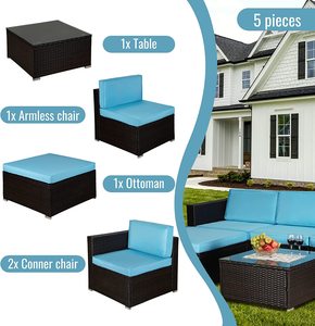 Conjunto de muebles de mimbre acolchados para Patio, sofá seccional exterior, color azul, 5 piezas - Product Image 4