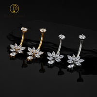 Perhiasan Tindik Pusar Lengkung Berlapis Emas Titanium 14G dengan Hiasan Bunga 6 Marquise CZ dan Batang Berulir