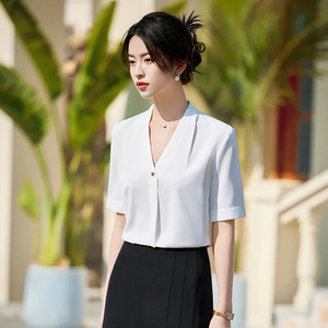 White Chiffon Satin Blouse Short Sleeve V Neck Elegant Office Shirt Women's Top Solid Color Polyester Fabric - Product Image 4