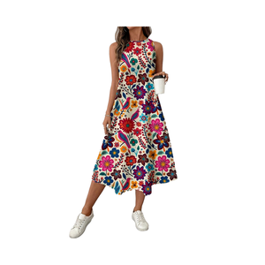 Nouvelle Collection Été Vintage : Jupe Longue Imprimée Florale, Coupe Trapèze, 100% Polyester, Col Rond, Idéale pour les Vacances - Product Image 1