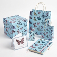 Kit d'emballage cadeau recyclable personnalisé avec motif papillon bleu pastel, comprenant du papier d'emballage pour bouquet, un sac en papier de Noël et un rouleau de papier d'emballage