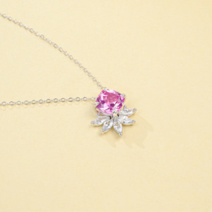 Cushion Cut Lab Pink Sapphire Floral Halo Sterling Silver Necklace Jewelry <b>Gift</b>-V - Product Image 1
