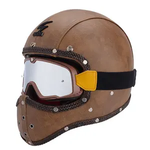 Leren motorhelmen retro verwijderbare mode racen fietshelm voor heren dames motorfiets full face helm