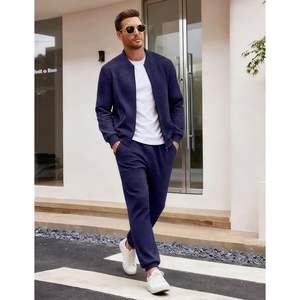 Ensemble de survêtement personnalisé pour homme, 2 pièces, avec fermeture éclair intégrale, en jacquard gaufré à carreaux, tenue décontractée de sport et de jogging, poids moyen, respirant - Product Image 1