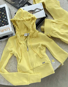 Completo Jogger da Donna Due Pezzi Personalizzato con Felpa Corta con Cappuccio e Zip Effetto Invecchiato e <span class=keywords><strong>Pantaloni</strong></span> Svasati a Campana <span class=keywords><strong>Tuta</strong></span> Neutra da Produttore - Product Image 4