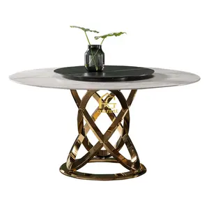 Современный круглый обеденный стол с мраморной поверхностью и золотой рамой из нержавеющей стали