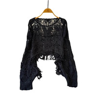 Blouse en viscose/polyester tricotée à manches longues chauve-souris ajourée et tissée à la main pour femme – Nouvelle collection automne