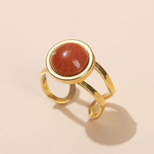 JD Women Vintage Golden Round Cabochon Adjustable <strong>Ring</strong> Jewelry Natural Stone Agate <strong>Quartz</strong> Jasper Stainless Steel Open <strong>Rings</strong> - Product Image 5