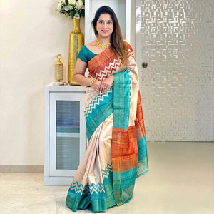 Traditional Indian Silk <b>Saree</b> With Blouse <b>Orange</b> Teal Cream Zigzag Pattern For Wedding And Festival Wear - Product Image 1