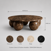 Table basse ronde de luxe sur mesure en marbre Emperador marron avec pieds sphériques, dessin CAO verni, VIP.