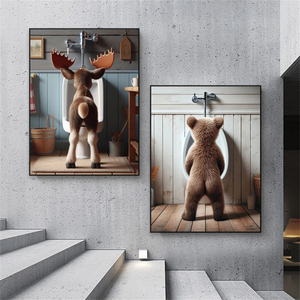 Póster de Arte de pared de baño de alce y oso, impresiones de dibujos animados de inodoro de Vida Silvestre divertida, pintura en lienzo de animales, decoración de baño de dormitorio - Product Image 1
