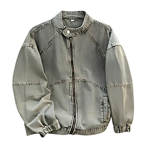 Veste en jean vintage délavée pour homme, zippée, col montant, surpiqûres, unie, décontractée, automne - Product Image 1