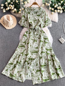 Abito con Scollo a V Incrociato Stampato per Donna, Stile Vacanza Autunno-Inverno, Vestito Lungo Aderente con Cintura e Volant - Product Image 3