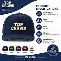 Casquette de baseball décontractée streetwear OEM ODM haut de gamme à six panneaux avec logo brodé en relief, visière incurvée et fermeture arrière réglable