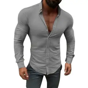 メンズスリムフィットシャツ長袖カジュアルゴーフィットネスシャツ綿100% トップスマッスルリネンシャツ