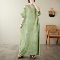 Nouvelle Robe Longue d'Été 2026 en Coton et Lin, Col en V, Style Chic Français, Ample et Oversize, Kaftan Vert Imposant, Robe de Plage pour Femme