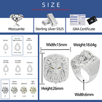 Bague Tête de Lion Roi 3D Luxe Or Blanc Argent Sterling 925 Diamant Moissanite VVS de Laboratoire Iced Out Bijou Hip Hop pour Rappers Homme