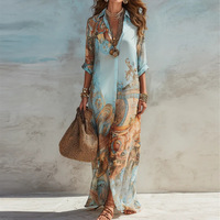 Robe longue bohème respirante à imprimé, pour femme, à manches mi-longues, fendue, style cache-maillot de plage, coupe ample, en fibre de polyester