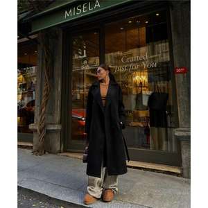 Manteau trench en daim pour femme MiseLa, noir, manches longues, décontracté, chaud, tissu tissé - Product Image 2