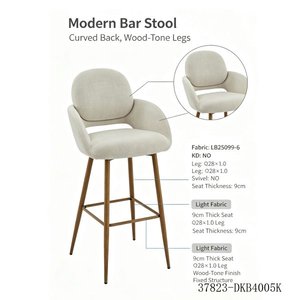 Tabouret de bar moderne en tissu avec dossier solide et pieds en métal, hauteur réglable, mobilier de maison 37823-DKB4004K - Product Image 4